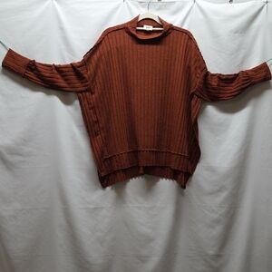 BKE ribbbed Knit Blouse Mock Collar Burnt Orange XS